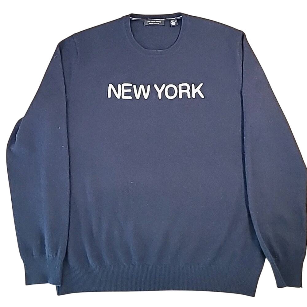 Saks Fifth Ave Cashmere Sweater L Navy “New York” Spellout USA-EUC